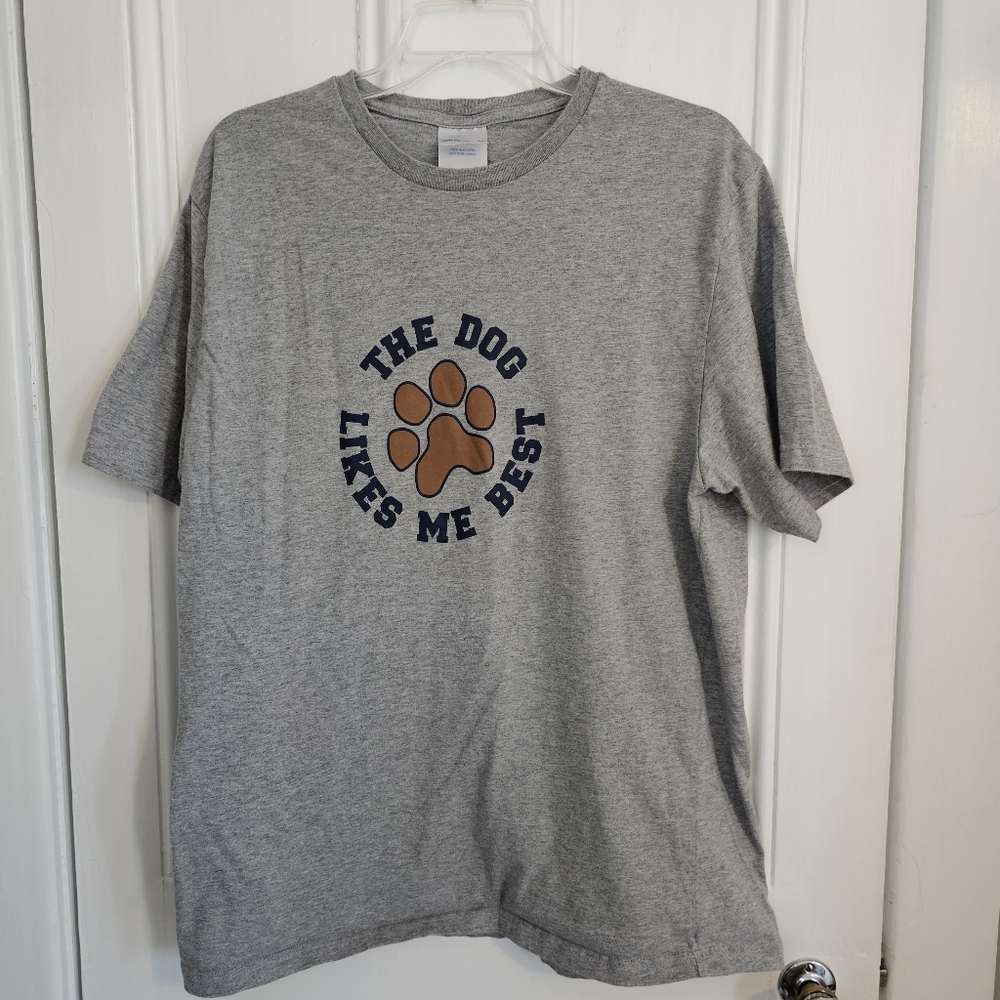 The Dog Likes Me Best Women's XL Dog Mom Gray Cotton Pet Parent Pawprint Tee